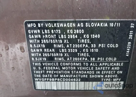 2012 Volkswagen Touareg Vr6 Lux z USA, uszkodzony, nr VIN WVGFF9BP8CD004622